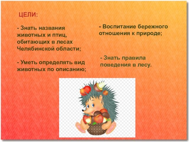 - Знать названия животных и птиц, обитающих в лесах Челябинской области;- Уметь определять вид животных