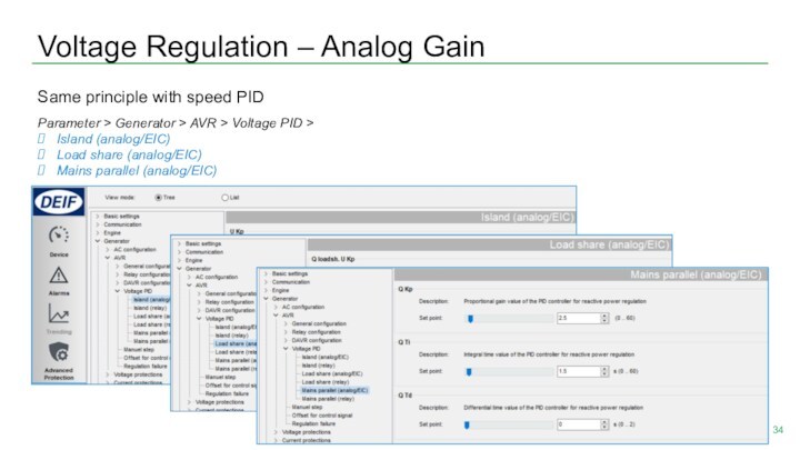 Voltage Regulation – Analog GainSame principle with speed PIDParameter > Generator > AVR > Voltage