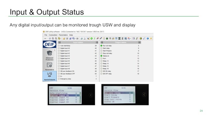 Input & Output StatusAny digital input/output can be monitored trough USW and display