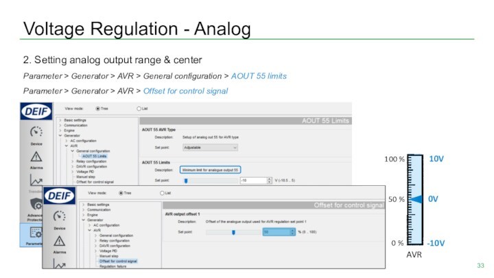 Voltage Regulation - Analog 2. Setting analog output range & centerParameter > Generator > AVR