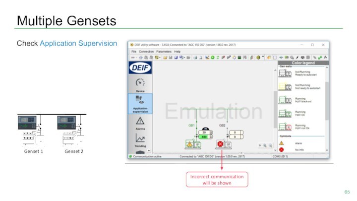 Multiple GensetsCheck Application Supervision Incorrect communication will be shownGenset 1Genset 2