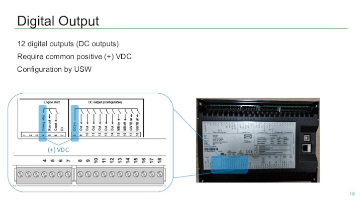 Digital Output 12 digital outputs (DC outputs) Require common positive (+) VDC Configuration by USW
