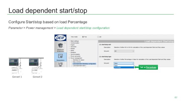 Load dependent start/stopConfigure Start/stop based on load PercentageParameter > Power management > Load dependent start/stop