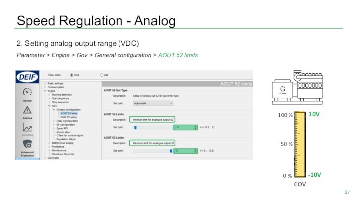 Speed Regulation - Analog2. Setting analog output range (VDC)Parameter > Engine > Gov > General