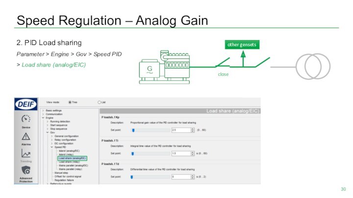 Speed Regulation – Analog Gain  2. PID Load sharing Parameter > Engine > Gov