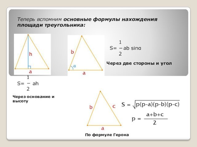 Теперь вспомним основные формулы нахождения площади треугольника:12ahS=S=12ab sinαЧерез основание и высотуЧерез две стороны