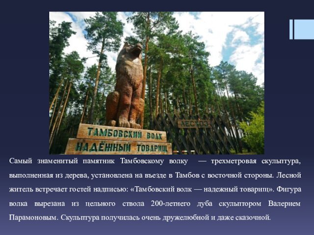 Самый знаменитый памятник Тамбовскому волку — трехметровая скульптура, выполненная из дерева, установлена