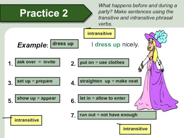 What happens before and during a party? Make sentences using the transitive and intransitive phrasal verbs.	I