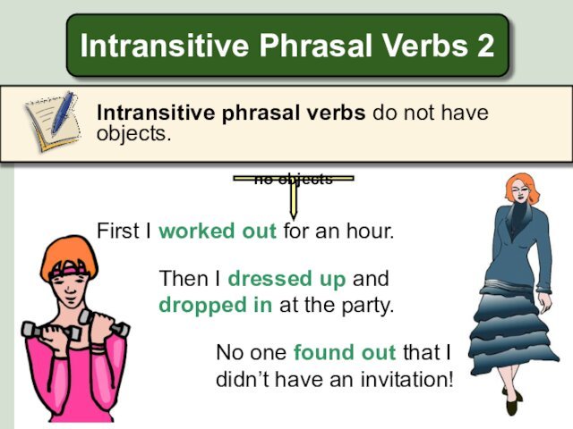 dropped in at the party.No one found out that I didn’t have an invitation!Intransitive Phrasal
