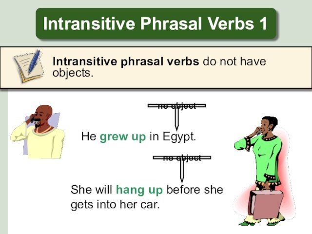 Intransitive Phrasal Verbs 1    Intransitive phrasal verbs do not have objects.
