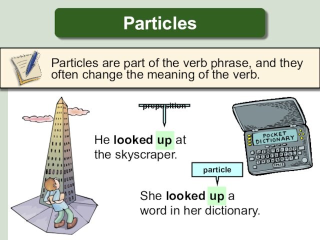Particles	Particles are part of the verb phrase, and they often change the meaning of the