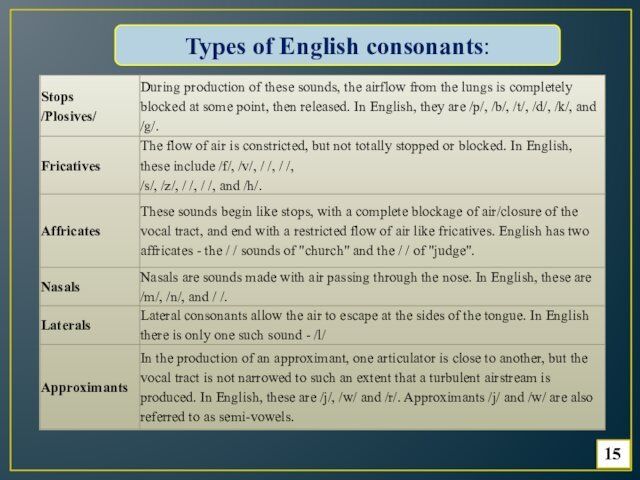 15Types of English consonants: