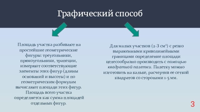 Графический способ Площадь участка разбивают на простейшие геометрические фигуры: треугольники, прямоугольники, трапеции, измеряют соответствующие элементы