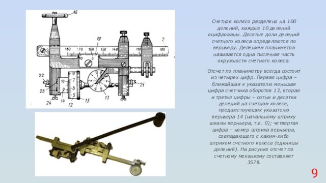 Счетное колесо разделено на 100 делений, каждые 10 делений оцифрованы. Десятые доли делений счетного колеса