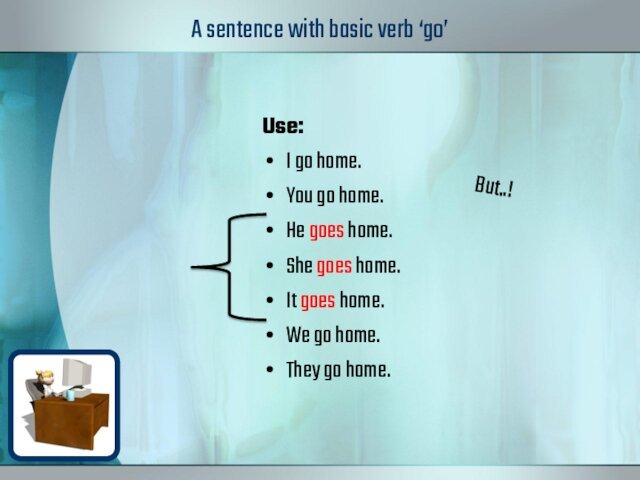 A sentence with basic verb ‘go’ Use:I go home.			You go home.		He goes