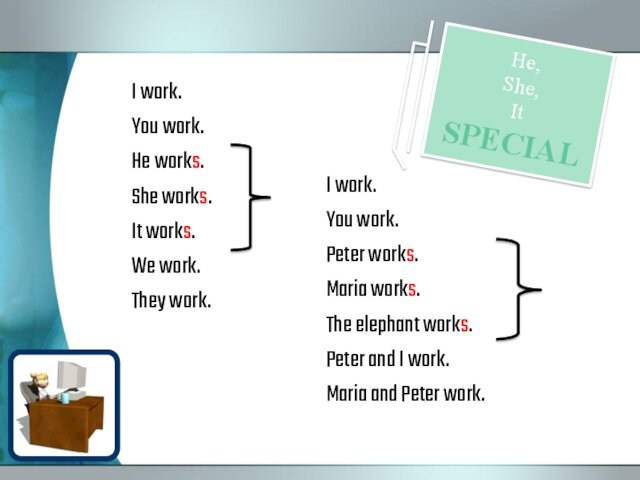 I work.You work.He works.She works.It works.We work.They work.He,She,It SPECIAL I work.You work.Peter works.Maria works.The elephant