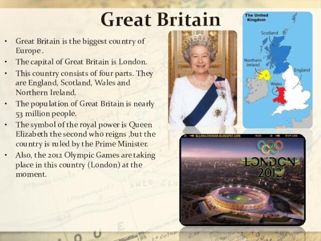 Great BritainGreat Britain is the biggest country of Europe . The capital of Great Britain