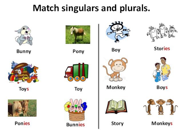 Match singulars and plurals.BunnyPonyStoryBunniesPoniesStoriesMonkeyMonkeysToysToyBoyBoys