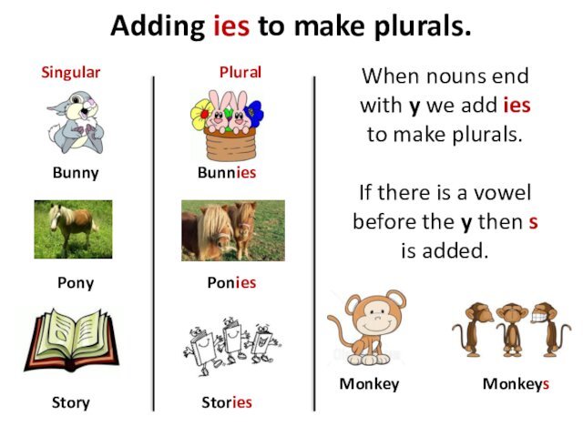 Adding ies to make plurals.BunnyPonyStoryBunniesPoniesStoriesSingularPluralWhen nouns end with y we add ies