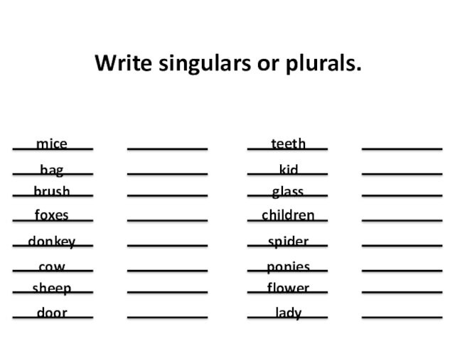 Write singulars or plurals.micebagbrushfoxesdonkeycowsheepdoorteethkidglasschildrenspiderponiesflowerlady