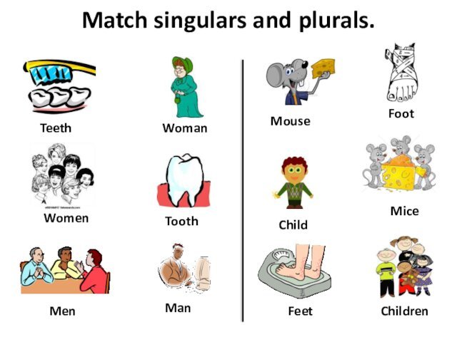 Match singulars and plurals.ChildManToothChildrenMenTeethFootWomanMouseFeetWomenMice