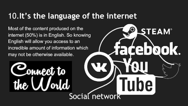 10.It’s the language of the internet Most of the content produced on the internet (50%)