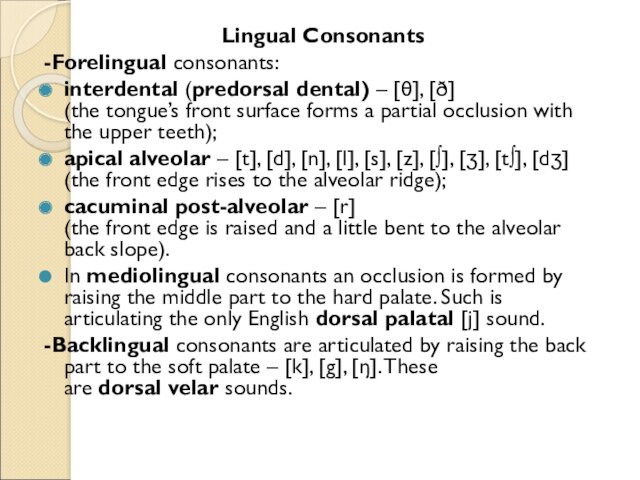 Lingual Consonants-Forelingual consonants:interdental (predorsal dental) – [θ], [ð] (the tongue’s front surface forms a partial occlusion