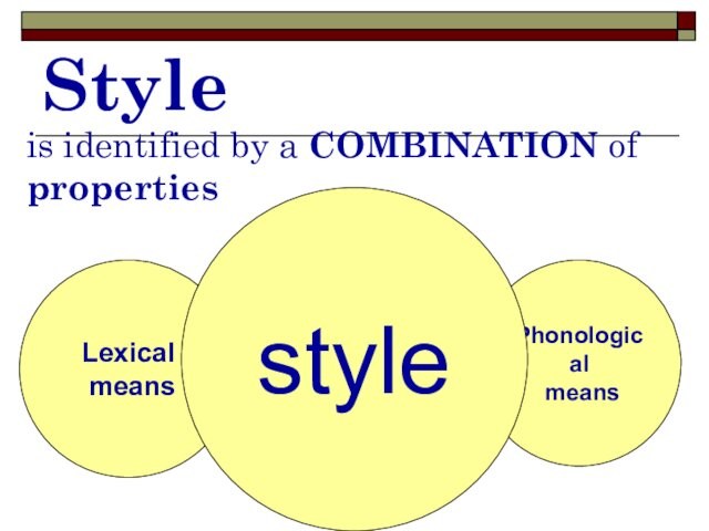 Styleis identified by a COMBINATION of propertiesLexical meansSyntactical meansPhonological meansstyle