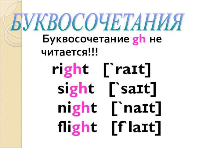 Буквосочетание gh не читается!!!  right [`raɪt]  sight [`saɪt]  night [`naɪt]