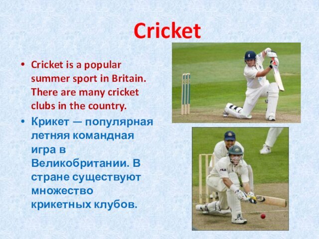 CricketCricket is a popular summer sport in Britain. There are
