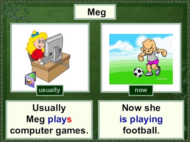 Meg Usually Meg plays computer games.Now she is playing football.usuallynow