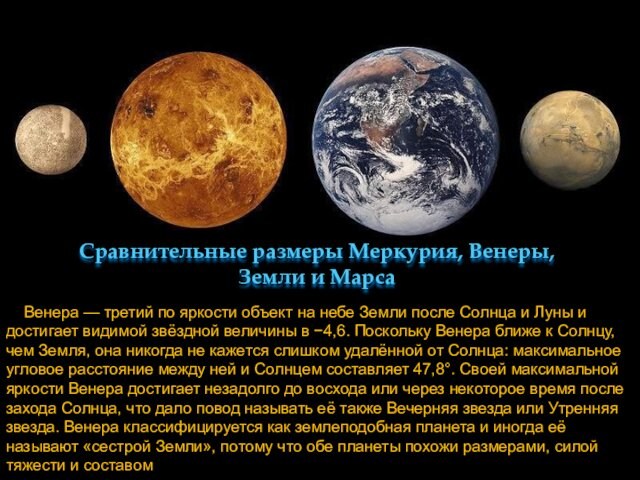 Сравнительные размеры Меркурия, Венеры, Земли и Марса  Венера — третий по яркости объект на небе