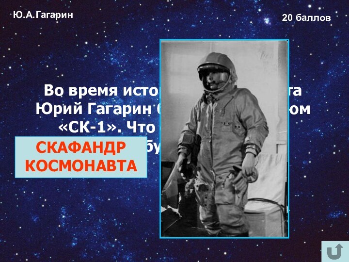 Ю.А.Гагарин20 балловВо время исторического полёта Юрий Гагарин был одет в костюм «СК-1». Что обозначают эти