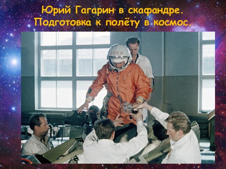 Юрий Гагарин в скафандре.  Подготовка к полёту в космос.