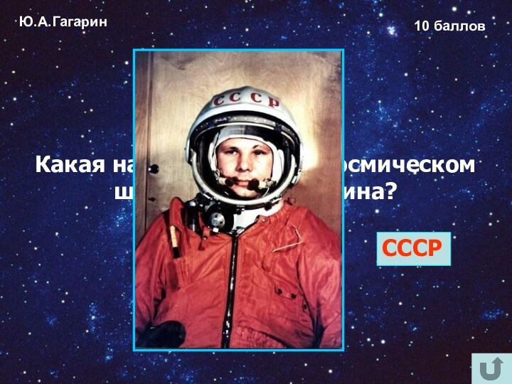 Ю.А.Гагарин10 балловКакая надпись была на космическом шлеме Юрия Гагарина? СССР