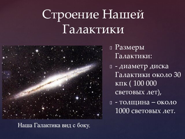 Строение Нашей ГалактикиРазмеры Галактики: - диаметр диска Галактики около 30 кпк ( 100 000 световых лет),-