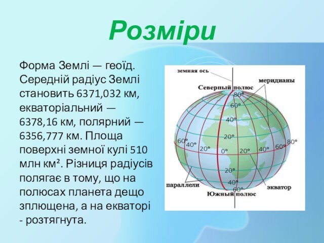 Розміри Форма Землі — геоїд. Середній радіус Землі становить 6371,032 км, екваторіальний