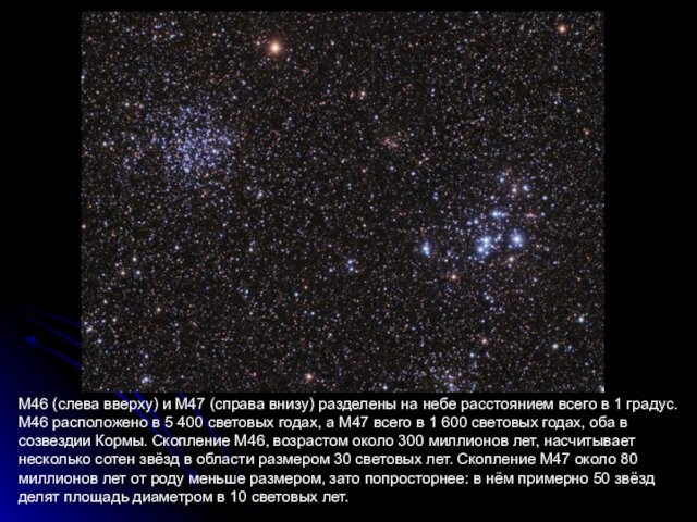 M46 (слева вверху) и M47 (справа внизу) разделены на небе расстоянием всего в 1 градус.