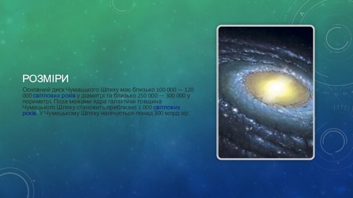 РОЗМІРИОсновний диск Чумацького Шляху має близько 100 000 — 120 000 світлових років у діаметрі