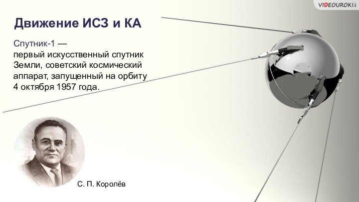 Спутник-1 —первый искусственный спутник Земли, советский космический аппарат, запущенный на орбиту4 октября 1957 года.С. П.
