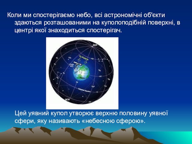 Коли ми спостерігаємо небо, всі астрономічні об'єкти здаються розташованими на куполоподібній поверхні,