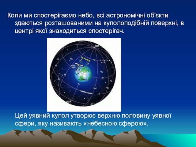Коли ми спостерігаємо небо, всі астрономічні об'єкти здаються розташованими на куполоподібній поверхні, в центрі якої