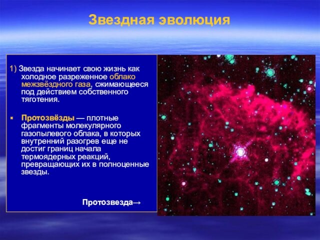 Звездная эволюция 1) Звезда начинает свою жизнь как холодное разреженное облако межзвёздного газа, сжимающееся под