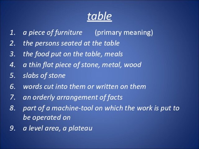 table a piece of furniture  (primary meaning)the persons seated at the tablethe food put