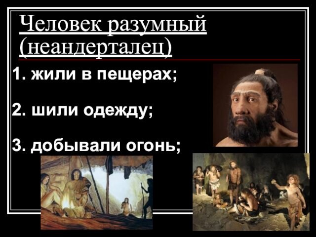 Человек разумный (неандерталец)1. жили в пещерах;2. шили одежду;3. добывали огонь;