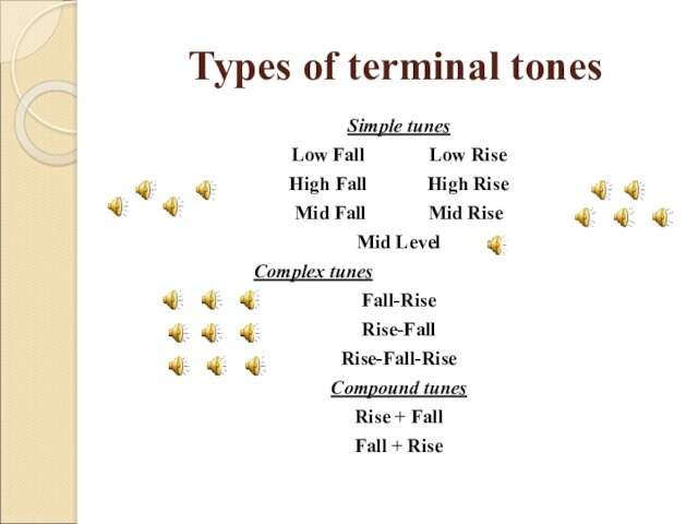 Types of terminal tonesSimple tunes Low Fall 		 Low RiseHigh Fall 		 High RiseMid Fall