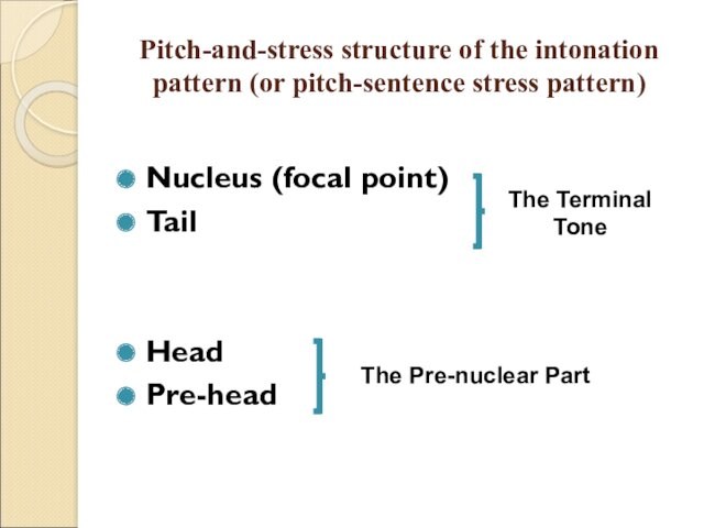 Pitch-and-stress structure of the intonation pattern (or pitch-sentence stress pattern)  Nucleus (focal point) Tail