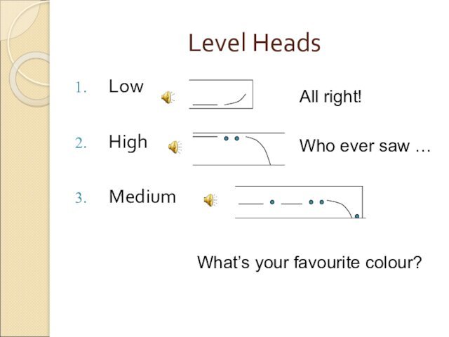 Level HeadsLowHighMediumAll right!Who ever saw …What’s your favourite colour?