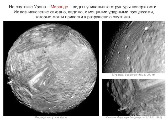 На спутнике Урана – Миранде – видны уникальные структуры поверхности. Их возникновение связано, видимо, с