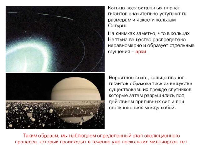 Кольца всех остальных планет-гигантов значительно уступают по размерам и яркости кольцам Сатурна.